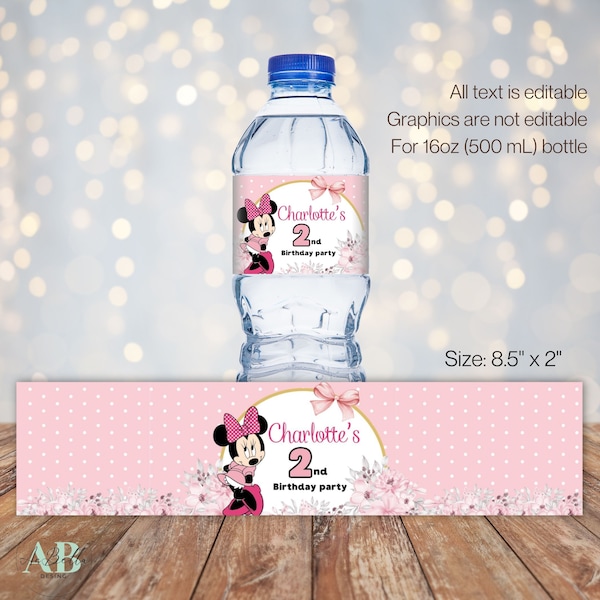 Minnie mouse water bottle party favor wrap, Minnie mouse water bottle label MN02