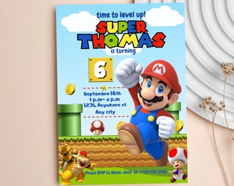 Mario Bros Birthday Invitation,  Super Mario Bros Invite, Mario Bros invitation template digitally editable in canva