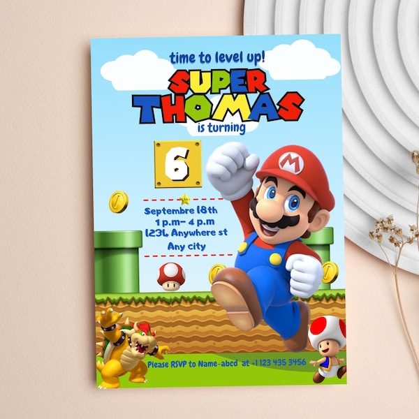 Mario Bros Geburtstagseinladung, Super Mario Bros Invite, Mario Bros Einladungsvorlage digital bearbeitbar in Canva