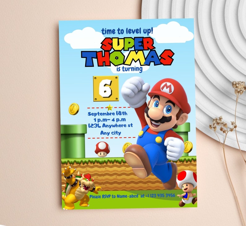 Mario Bros Birthday Invitation, Super Mario Bros Invite, Mario Bros invitation template digitally editable in canva image 1