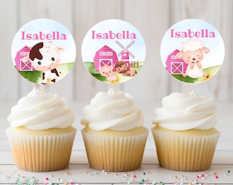 Pink Farm Cupcake Toppers: Barnyard Animals, Editable (Digital Download)