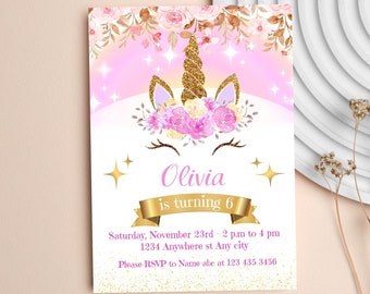 Unicorn Birthday Invitation Template: Editable Canva Design (Digital Download)