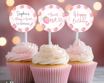 Kit di decorazioni per compleanno a forma di fragola, 57 pezzi, decorazioni da appendere al soffitto, decorazioni per feste con topper per cupcake, decorazione per primo compleanno con bacche (fragola
