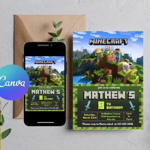 Minecraft Birthday Invitation, Gamer Birthday Invite, Minecraft invitation template digitally editable in canva image 2