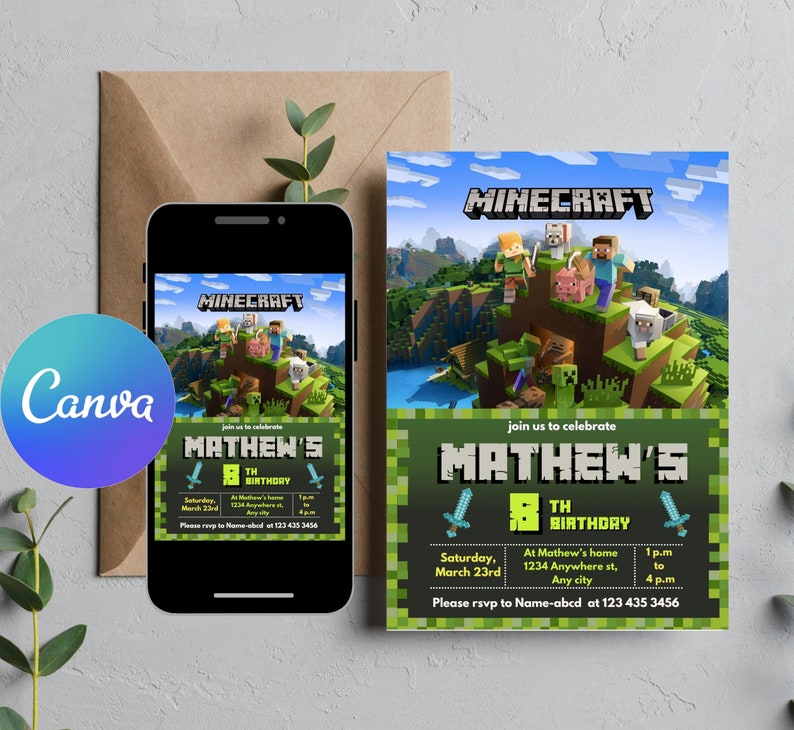 Minecraft Birthday Invitation, Gamer Birthday Invite, Minecraft invitation template digitally editable in canva image 2