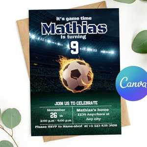 Soccer Birthday Invitation, Soccer Birthday Invitation Template printable, Soccer invitation digitally editable in canva