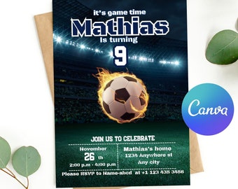 Plantilla de invitación de cumpleaños de fútbol: Diseño editable en Canva (descarga digital)