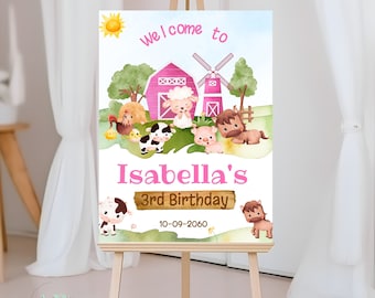 May include: Welcome to Isabella's 3rd Birthday party sign with a pink barn, windmill, and farm animals. The sign is on a wooden easel.