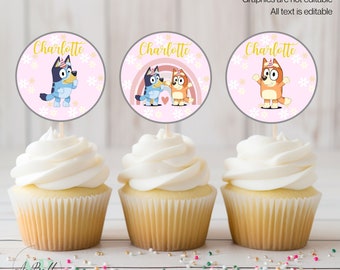 Editable Blue dog cupcake toppers, blue dog cupcake toppers digitally editable in canva BL04