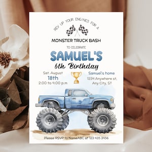Monster Truck Birthday Invitation, Monster Truck party Invitation, Editable Monster Truck birthday evite MST02