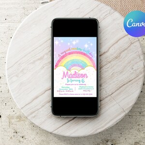May include: A digital invitation for a 6th birthday party with a rainbow and clouds design. The invitation says "A magical rainbow birthday" and "Madison is turning 6".