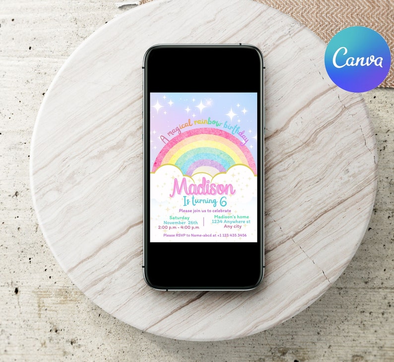 May include: A digital invitation for a 6th birthday party with a rainbow and clouds design. The invitation says "A magical rainbow birthday" and "Madison is turning 6".