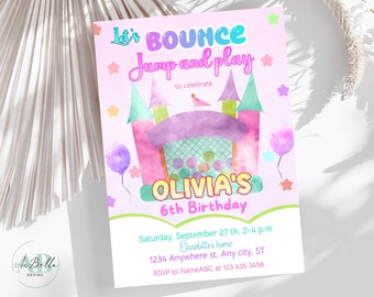 May include: A pink and purple invitation with a cartoon bouncy house and stars. The text reads "Let's Bounce Jump and Play to celebrate Olivia's 6th Birthday. Saturday, September 27th, 2-4 p.m. Charlotte's home 1234 Anywhere st, Any city, ST RSVP to NameABC at 123 435 3456"