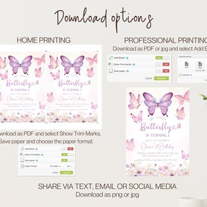 May include: Printable invitation for a first birthday party with a butterfly theme. The invitation features a purple butterfly with pink accents and a floral background. The text on the invitation reads "The Little Butterfly is Turning 1".