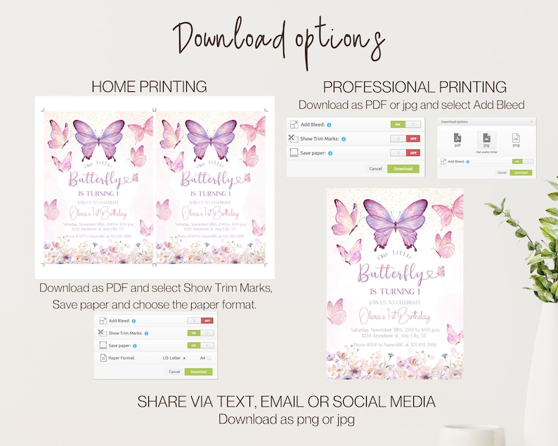 May include: Printable invitation for a first birthday party with a butterfly theme. The invitation features a purple butterfly with pink accents and a floral background. The text on the invitation reads "The Little Butterfly is Turning 1".