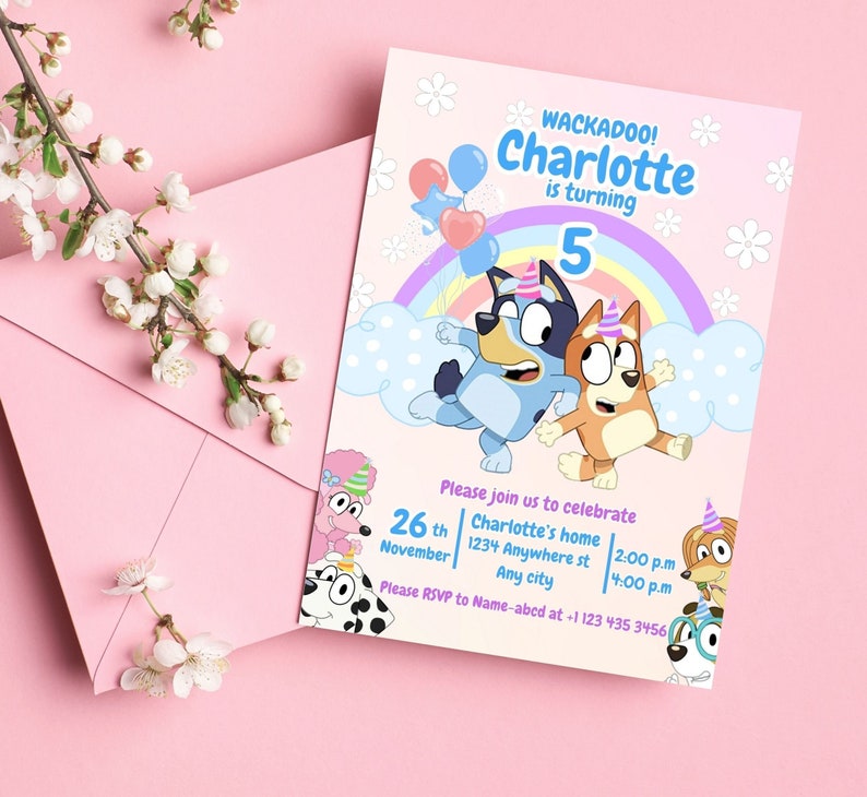 Girl Birthday Invitation, dog with rainbow Birthday Invitation Template printable, Dog invitation digitally editable in canva image 1