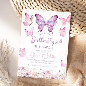 May include: Purple and pink butterfly birthday invitation with a gold glitter background. The invitation says "Our little Butterfly is turning 1" and includes the text "Join us to celebrate Olivia's 1st Birthday".