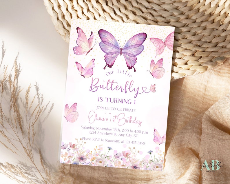 May include: Purple and pink butterfly birthday invitation with a gold glitter background. The invitation says "Our little Butterfly is turning 1" and includes the text "Join us to celebrate Olivia's 1st Birthday".