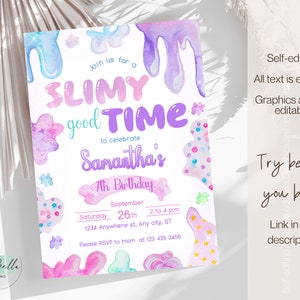 Op de afbeelding: Een printbare uitnodiging voor een 7e verjaardagsfeest met een slijmthema. De uitnodiging heeft een kleurrijk, abstract ontwerp met druppelend slijm en de tekst "Join us for a Slimy good Time to celebrate Samantha's 7th Birthday".