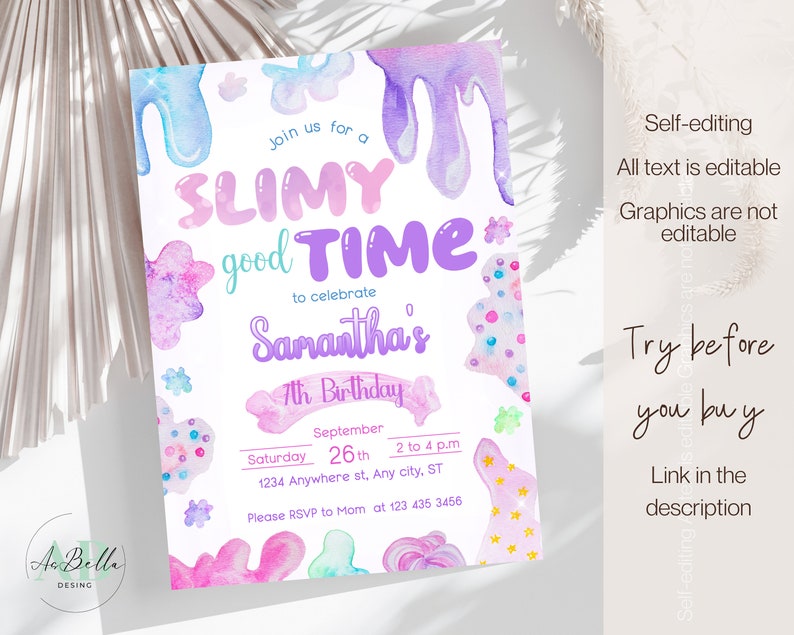 Op de afbeelding: Een printbare uitnodiging voor een 7e verjaardagsfeest met een slijmthema. De uitnodiging heeft een kleurrijk, abstract ontwerp met druppelend slijm en de tekst "Join us for a Slimy good Time to celebrate Samantha's 7th Birthday".