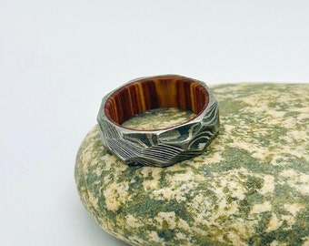 Handcrafted Damascus Steel Rings for Men, Wooden Inlay, Elegant Wood Wedding Bands, Artisan Wood Rings for Women, Wooden Engagement Rings,