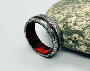 Handcrafted Damascus Steel Rings for Men, Wooden Inlay, Elegant Wood Wedding Bands, Artisan Wood Rings for Women, Wooden Engagement Rings,