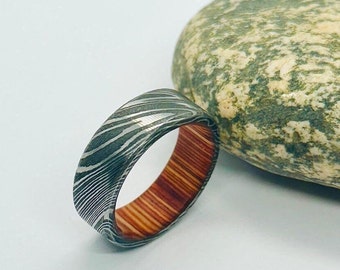 Handcrafted Damascus Steel Rings for Men, Wooden Inlay, Elegant Wood Wedding Bands, Artisan Wood Rings for Women, Wooden Engagement Rings,