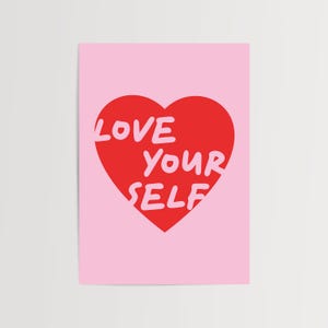 Poster da parete con scritta "Love Yourself Heart", decorazione ispiratrice per la camera da letto, il soggiorno, colori rosa e rosso, decorazione per la casa con affermazione positiva