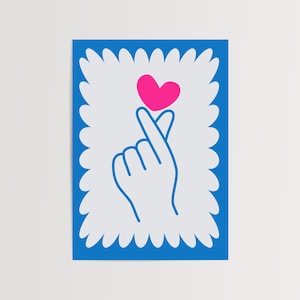 Poster d'amore, stampa artistica coreana a forma di cuore con dita, poster d'amore carino, arte murale ispirata al K-pop, decorazione artistica, stampa a forma di cuore blu e rosa, decorazione divertente per la stanza