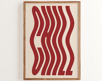 Red Wavy Chill Print: Retro Beige Typography, Minimalist Art