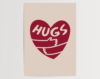 Hugs Heart Poster: Minimalist Red Love Illustration (Print Only)