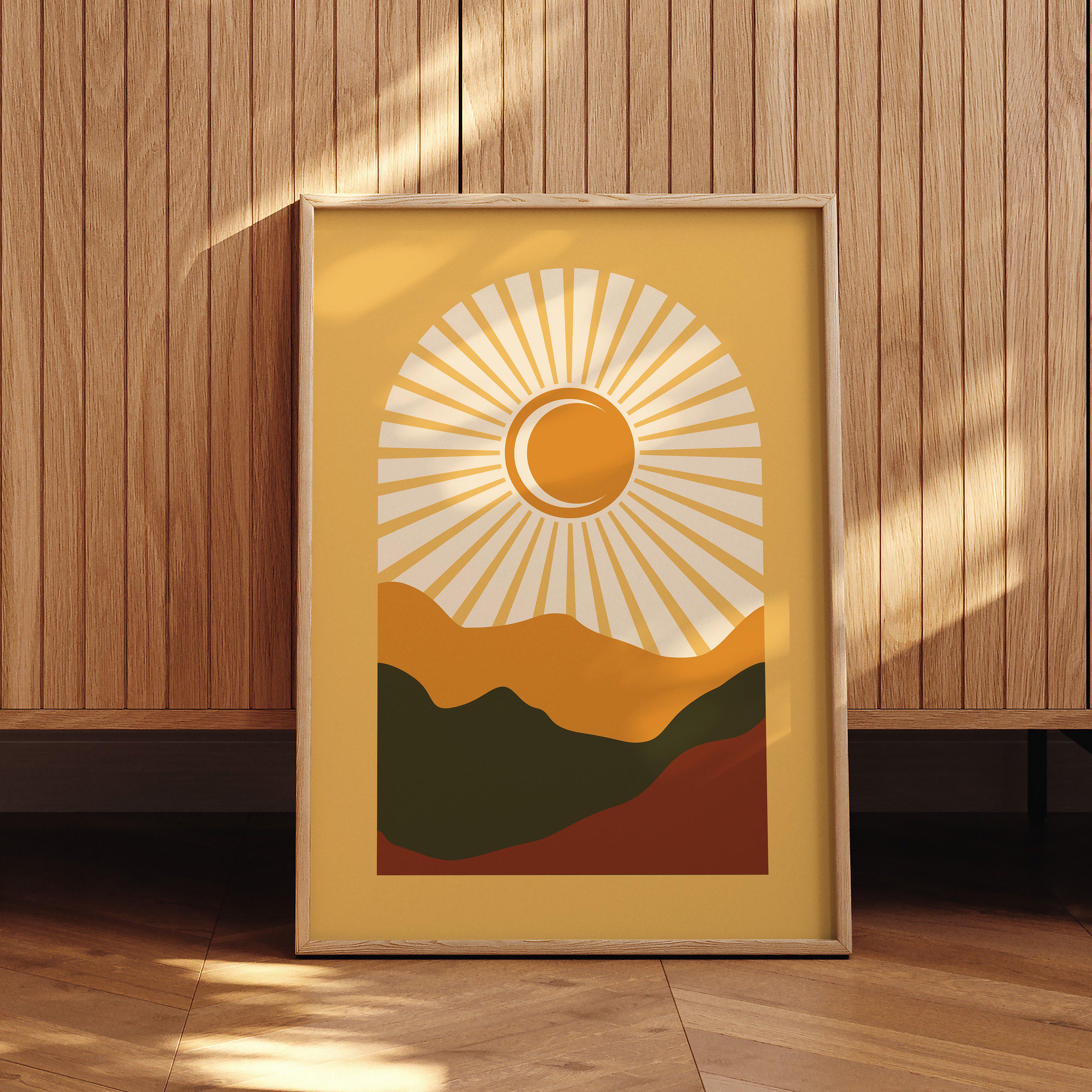 Sun and Mountain Landscape Wall Art Poster - Modern Boho Decor for ...