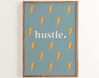 Hustle Lightning Bolt Print: Blue & Orange Motivational Wall Art
