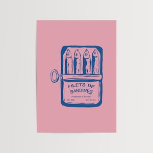 Sardines Pink and Blue Art Print, Retro Kitchen Decor, Food Poster, Fish Wall Art, Canned Fish Illustration, Tinned Sardine Print