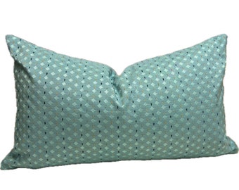 Aqua Gold and Blue Small Diamond Damask Lumbar pillows