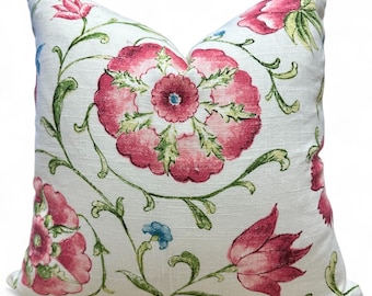 Floral Linen Blend Pillow Cover: Pink, Green, Scarlet (18” x 18”)