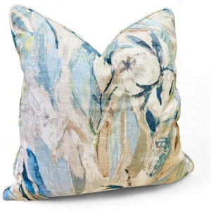Magnolia Floral Pillow Cover with Self Welt | Designer Linen Pillow | Blue Tranquil pillow cover | Ready to Ship