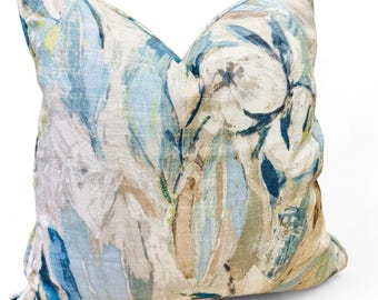 Magnolia Floral Pillow Cover with Self Welt | Designer Linen Pillow | Blue Tranquil pillow cover | Ready to Ship