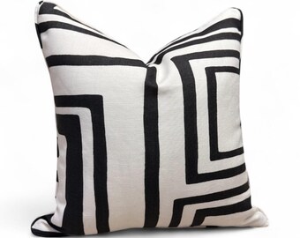 Schumacher Geometric Pillow Cover | Black & White Linen, Self Welt