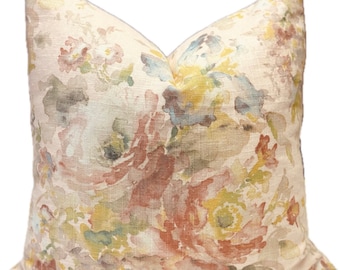 Blush Floral Linen Pillow Cover: Watercolor Print, 18x18 inch