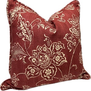 Funda de almohada damasco roja: Almohada decorativa de lino y rayón con estampado floral (45 x 45 cm)