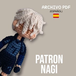 May include: A handmade crochet doll of a character with white hair and a blue and black uniform. The doll has a light skin tone and is wearing a jersey with the number 7. The text "PATRON NAGI" is displayed in white letters.