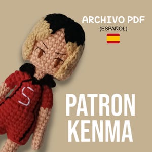 May include: Crochet pattern for a Kenma Kozume amigurumi doll. The doll is wearing a red and black jersey with the letter 'S' on the front. The pattern is in Spanish and includes a PDF file.
