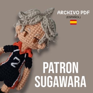 May include: Crochet amigurumi pattern for a character with gray hair, wearing a black and orange volleyball uniform with the number 2 on the front. The pattern is titled "Patron Sugawara" and is available in Spanish.