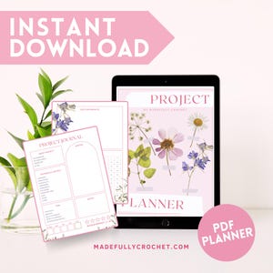 May include: A digital planner with a floral design. The planner is titled "Project Planner" and features a pink background with pressed flowers. The planner is available as a PDF download.