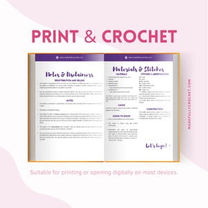 May include: Open book with the title "PRINT & CROCHET" and text about materials, stitches, and disclaimers. The book is open to two pages with purple borders and white text. The text "Let's begin!" is visible.