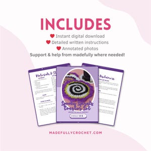 May include: A digital crochet pattern set titled "Spooky Spirals Coaster Set" with detailed instructions and annotated photos. The set includes an instant digital download. The pattern is for intermediate crocheters. The website madefullycrochet.com is also visible.