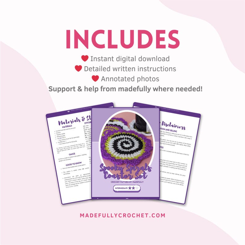 May include: A digital crochet pattern set titled "Spooky Spirals Coaster Set" with detailed instructions and annotated photos. The set includes an instant digital download. The pattern is for intermediate crocheters. The website madefullycrochet.com is also visible.