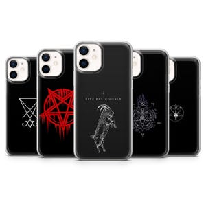 May include: A collection of black phone cases with various occult symbols. One case features a goat illustration with the text "LIVE DELICIOUSLY". Other cases display a red pentagram, a stylized inverted cross, and a pentacle.