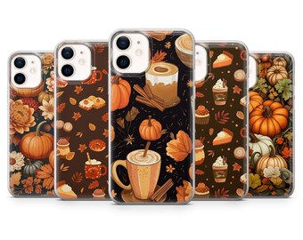May include: Set of five iPhone cases featuring autumn-themed designs. The cases feature illustrations of pumpkins, leaves, coffee cups, and pastries in shades of orange, brown, and cream.